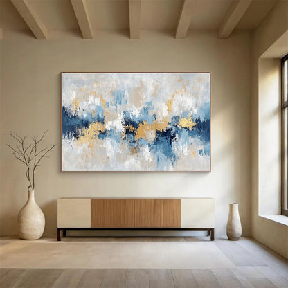 Horizontal Blue, Gray, and Gold Textured Abstract Painting WB263