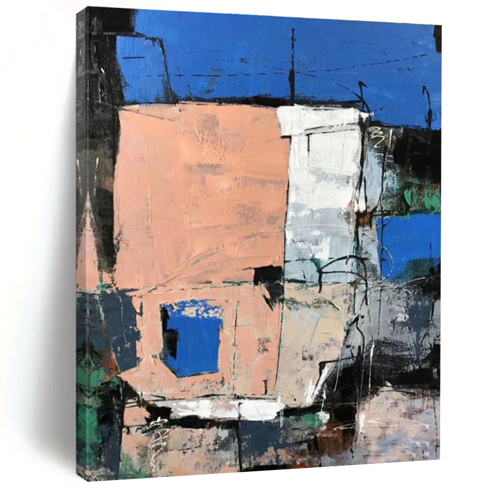 Hand-Painted Blue, Pink & Gray Gestural Abstract, Acrylic Modern Art Painting HS454