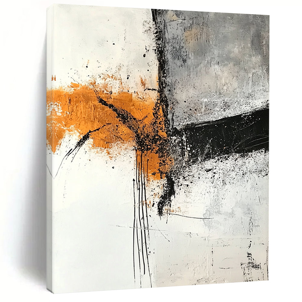 Hand-Painted Orange, Black, and White Abstract Expressive Painting For Sale HS111