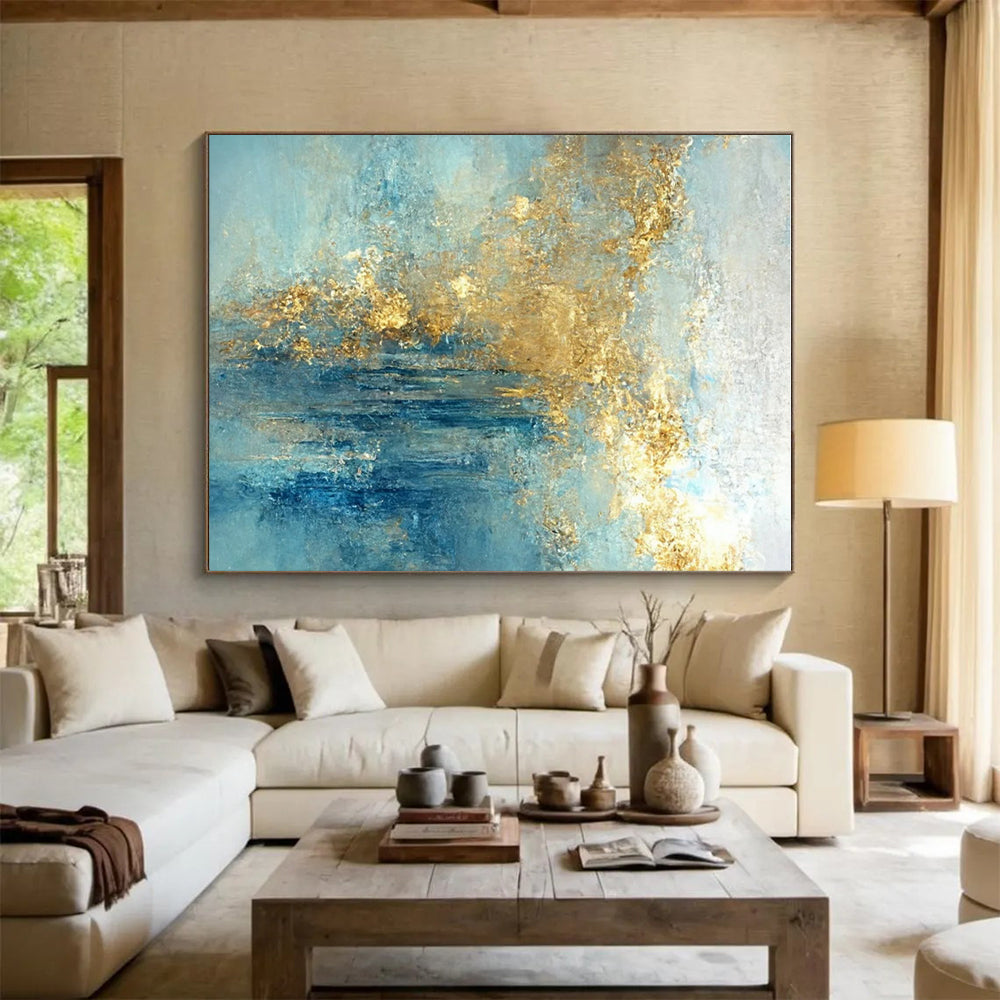 Hand-Painted Blue & Gold Textured Abstract, Large Contemporary Wall Art HS227