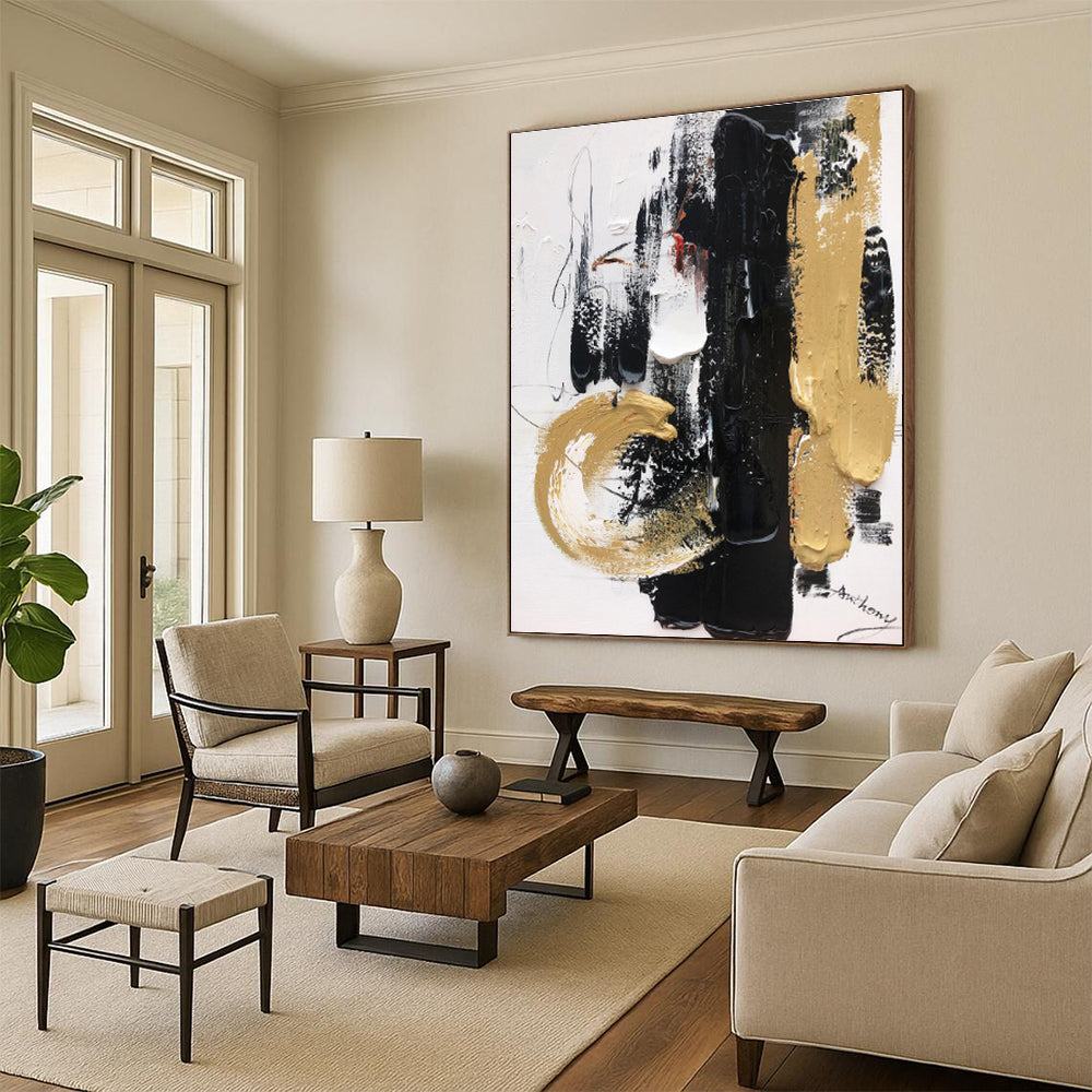 Acrylic Modern Art Paintings with Black, White, Gold and Beige Colors, Dynamic Abstract Theme HS474