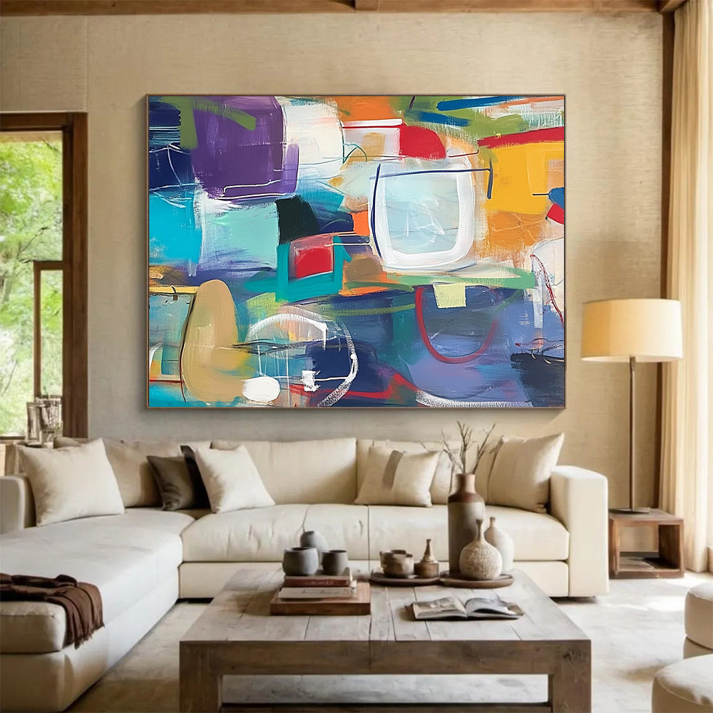 Large Contemporary Wall Art Multicolor Abstract Shape Painting For Sale HS152
