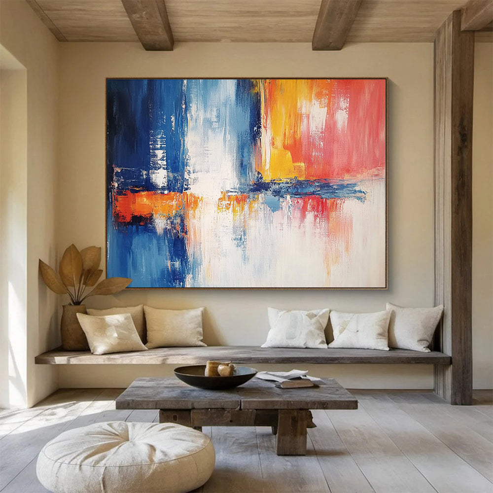 Contemporary Abstract Painting with Blue, Orange, Red and White Colors, Urban Reflection Theme WB301