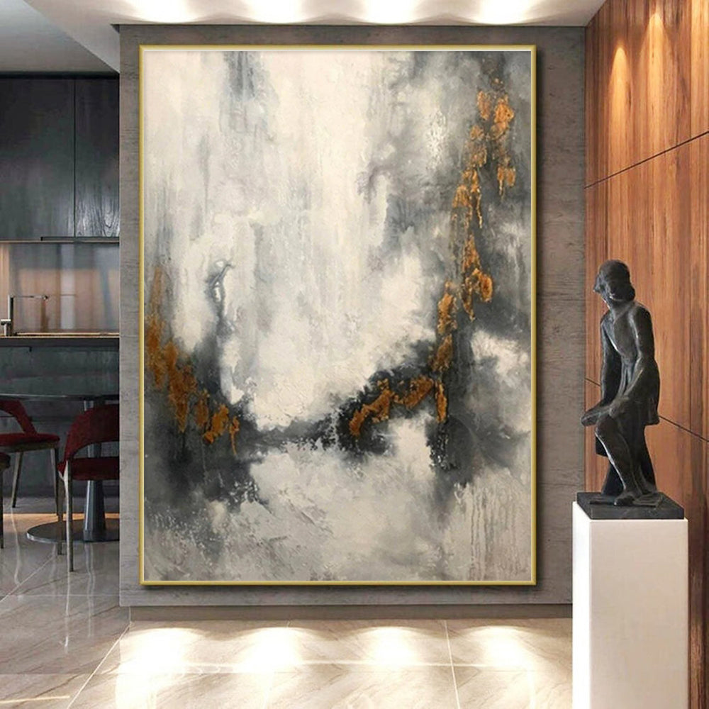 Unique Abstract Art Gray & Gold Textured Abstract, Large Contemporary Wall Art HS416
