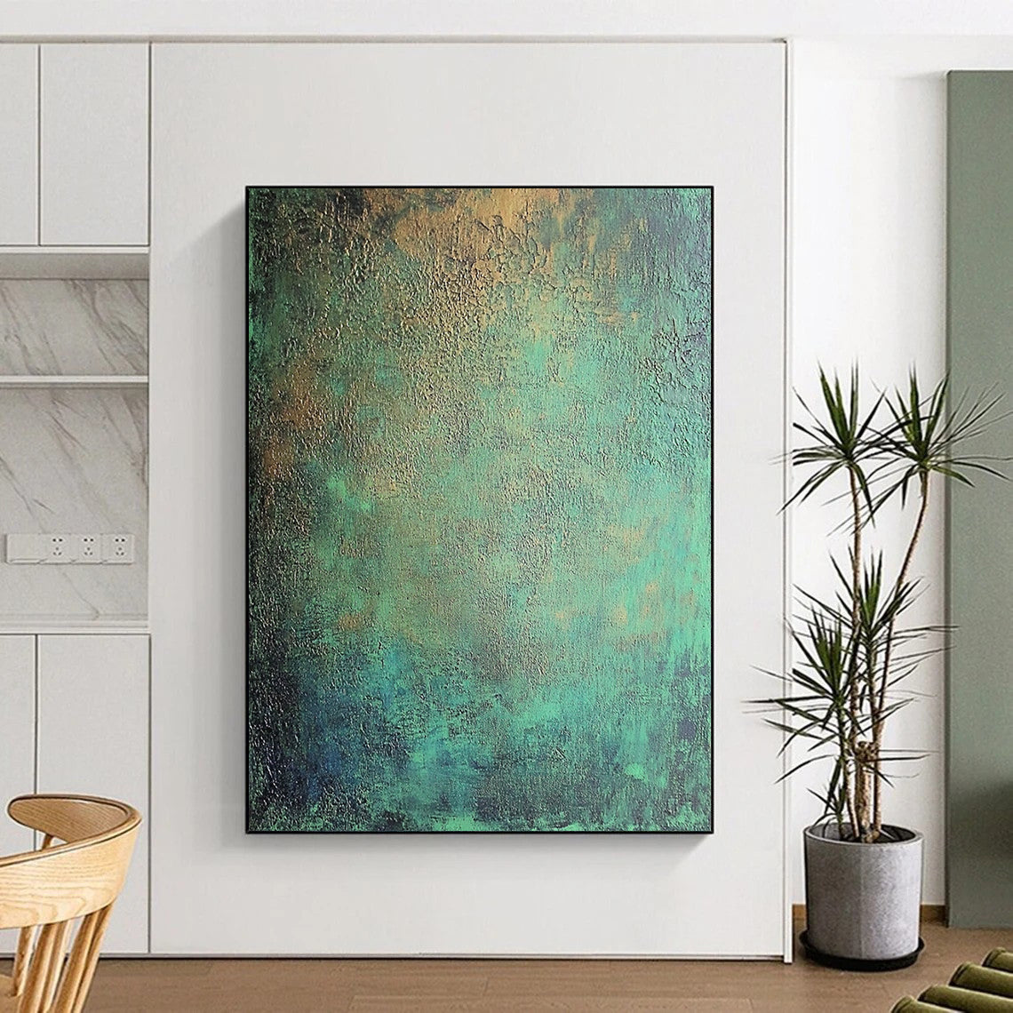 Large Size Teal and Gold Textured Patina Abstract Art HS179