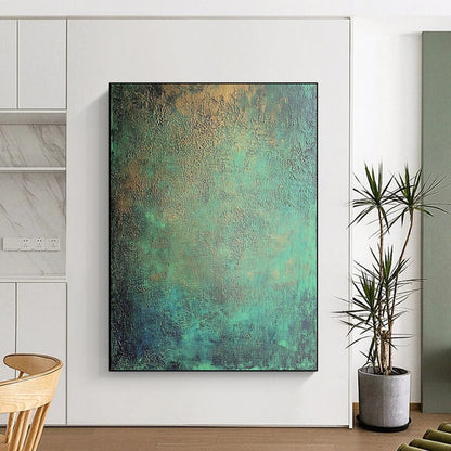 Large Size Teal and Gold Textured Patina Abstract Art HS179