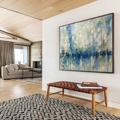 Oversized Canvas Art Blue and Beige Abstract Harbor Reflection Painting WB057