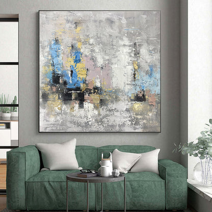 Hand Painted Art Gray, Blue & Gold Textured Abstract, Large Painting In Living Room HS244