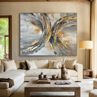 Cool Abstract Paintings Gold, Gray, and Black Circular Abstract Art HS737