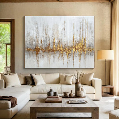 Oversized Canvas Art White, Gold, and Gray Abstract Soundwave - Acrylic Painting WB293