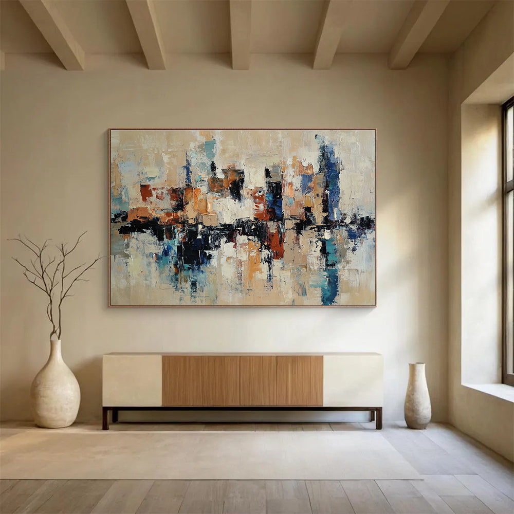 Modern Art Abstract Paintings with Beige, Blue, Brown, White and Black Colors, Urban Reflection Theme WB310