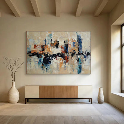 Modern Art Abstract Paintings with Beige, Blue, Brown, White and Black Colors, Urban Reflection Theme WB310