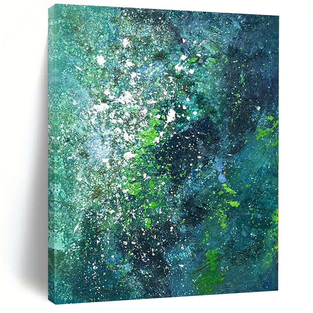 Hand-Painted Teal, Green, and White Abstract Splatter Painting For Sale HS015