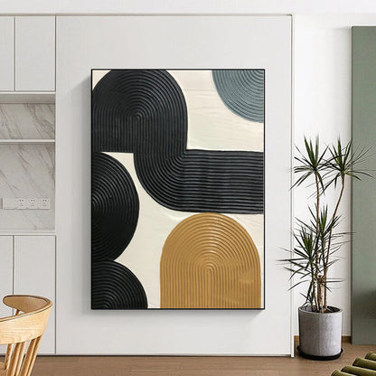 Hand-Painted Black, Beige, and Gray Abstract Curved Line Textured Painting For Sale HS038