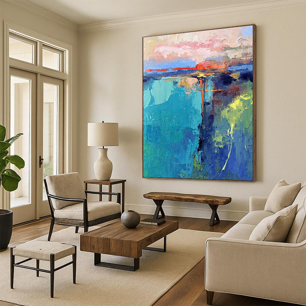 Turquoise, Pink, and Orange Abstract Coastal Painting For Sale Online WS483