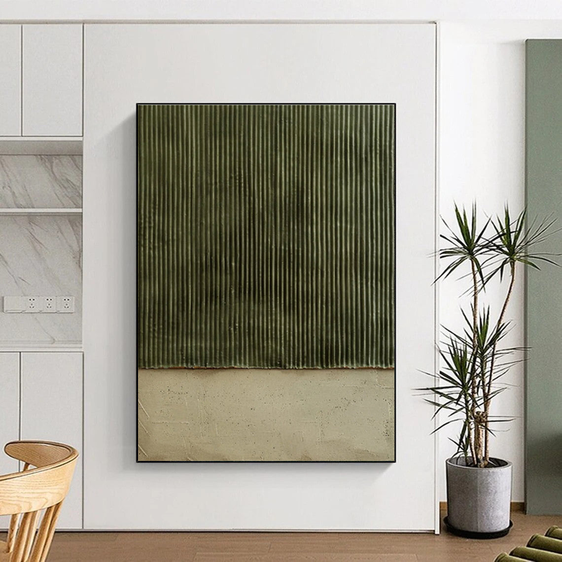 Handmade Art Green & Beige Textured Abstract, Minimalist Canvas Art HS354
