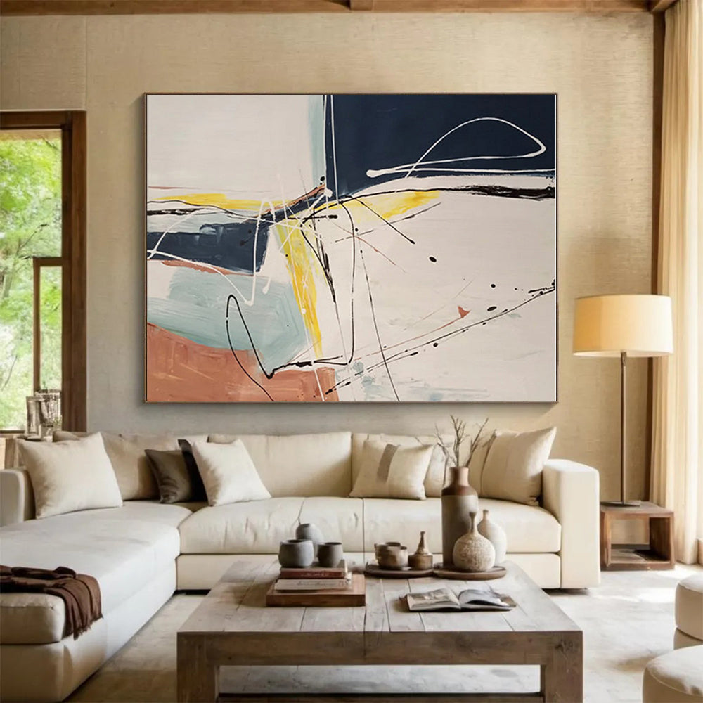 Hand-Painted Navy, Yellow & Terracotta Gestural Abstract, Acrylic Modern Art Painting HS211