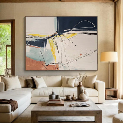 Hand-Painted Navy, Yellow & Terracotta Gestural Abstract, Acrylic Modern Art Painting HS211