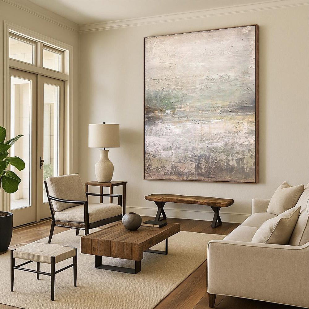 Hand Painted Art Neutral Tones with Subtle Green Abstract Landscape HS631