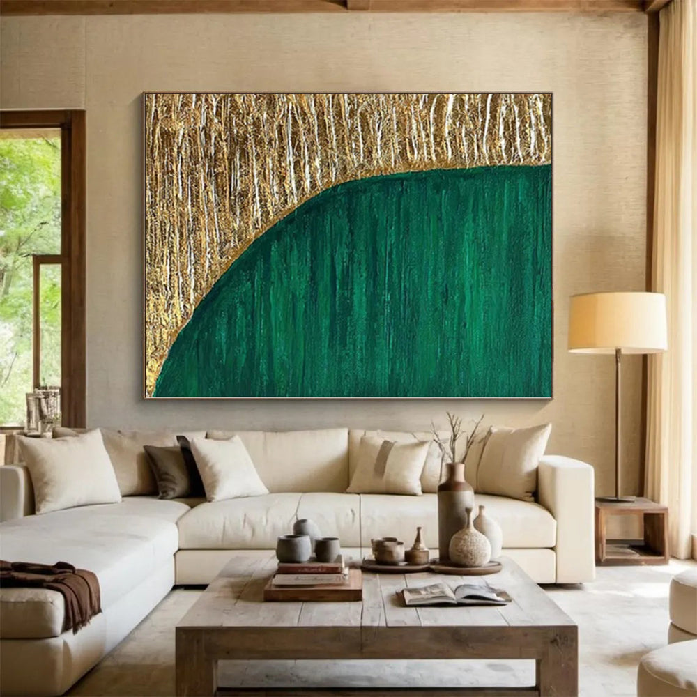 Hand-Painted Green and Gold Abstract Textured Shape Painting For Sale HS048
