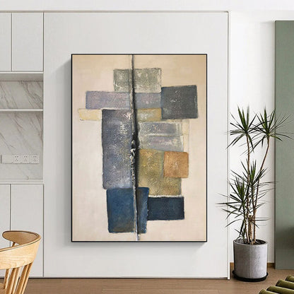 Hand-Painted Gray, Blue, and Beige Abstract Geometric Block Painting For Sale HS018