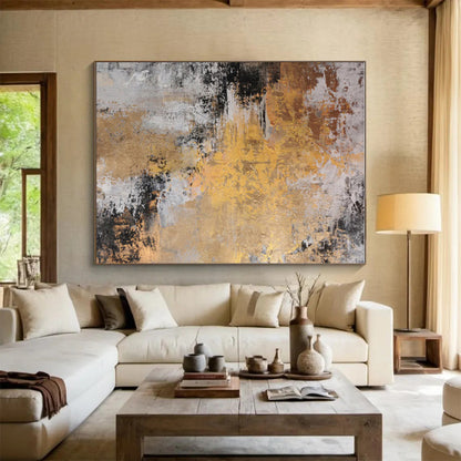 Unique Abstract Art Gold, Gray & Black Textured Abstract, Large Contemporary Wall Art HS280