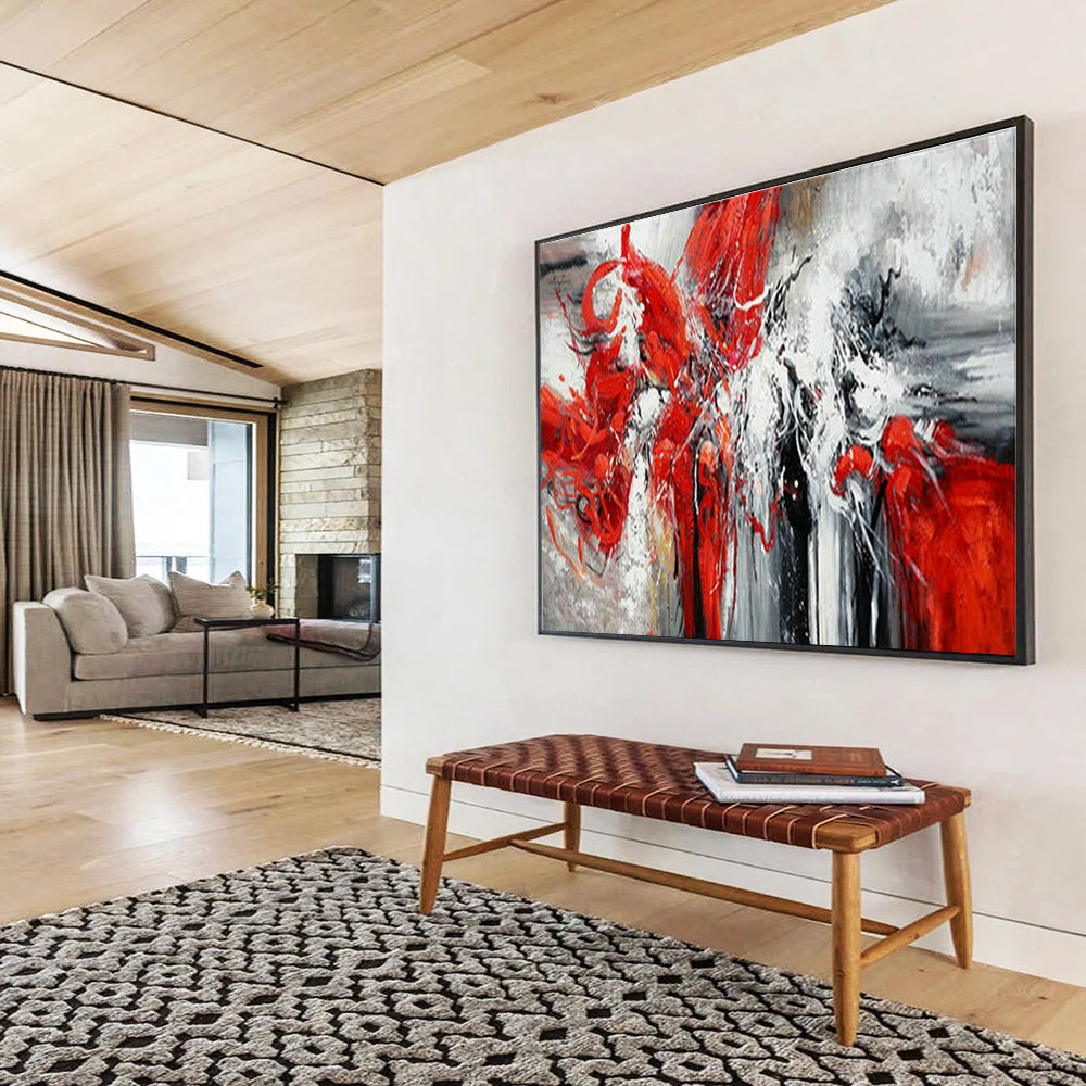 Modern Art Abstract Paintings with Red, White, Black and Gray Colors, Energetic Abstract Theme WB330