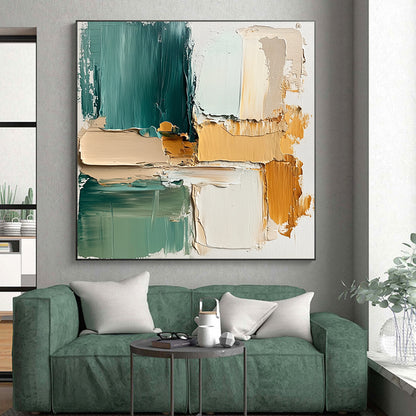 Hand Painted Art Teal and Neutral Geometric Abstract Painting HS173