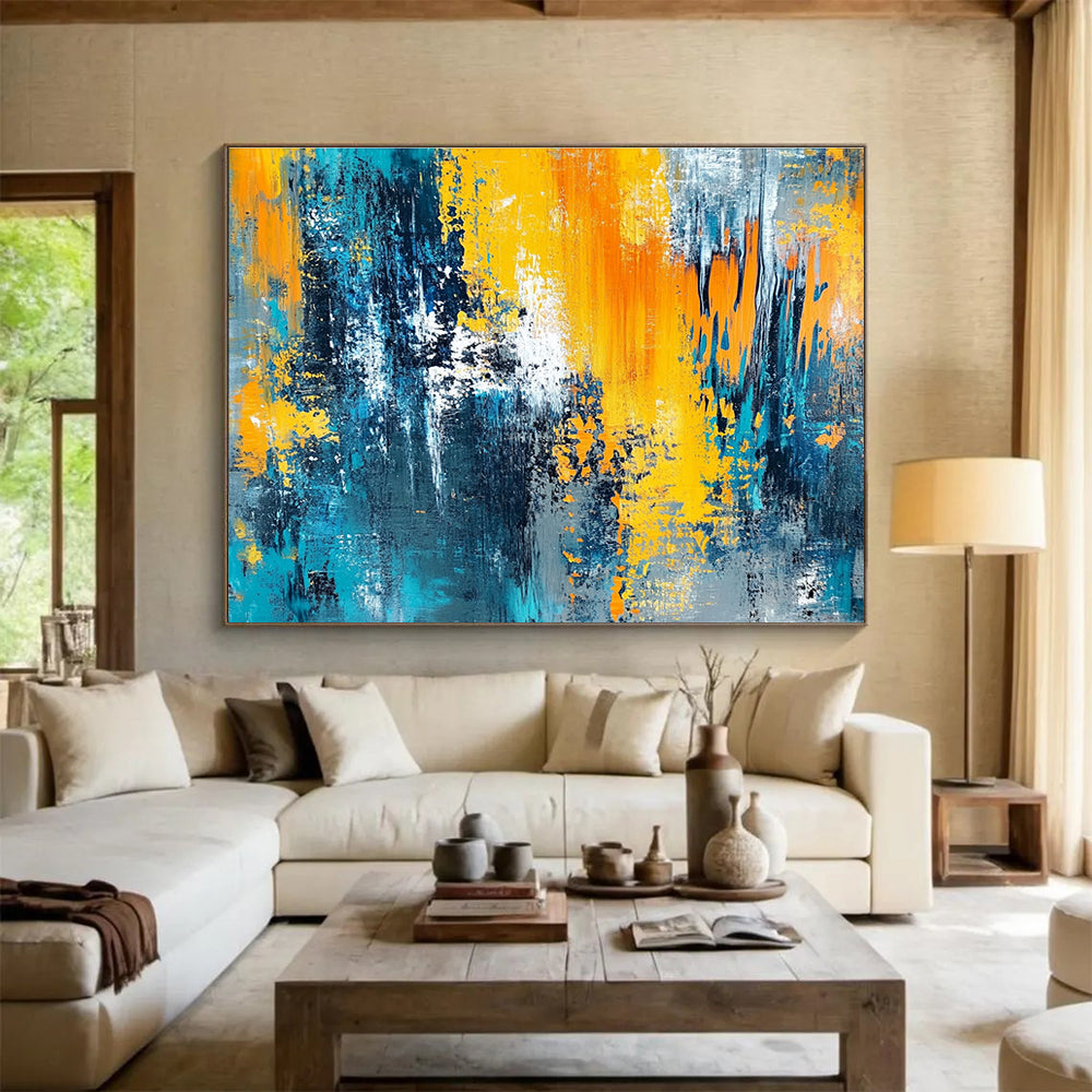 Big Size Blue, Orange, Yellow, and Gray Textured Abstract Art WB267