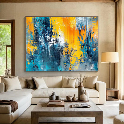 Big Size Blue, Orange, Yellow, and Gray Textured Abstract Art WB267