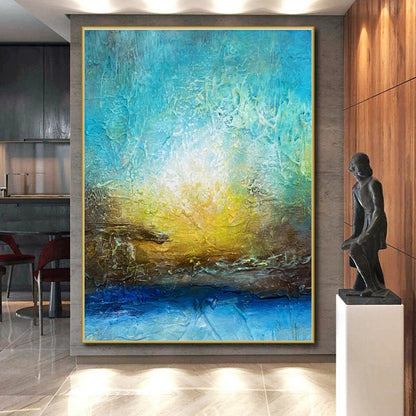 Hand Painted Art Blue, Gold & White Textured Abstract, Large Contemporary Wall Art HS290