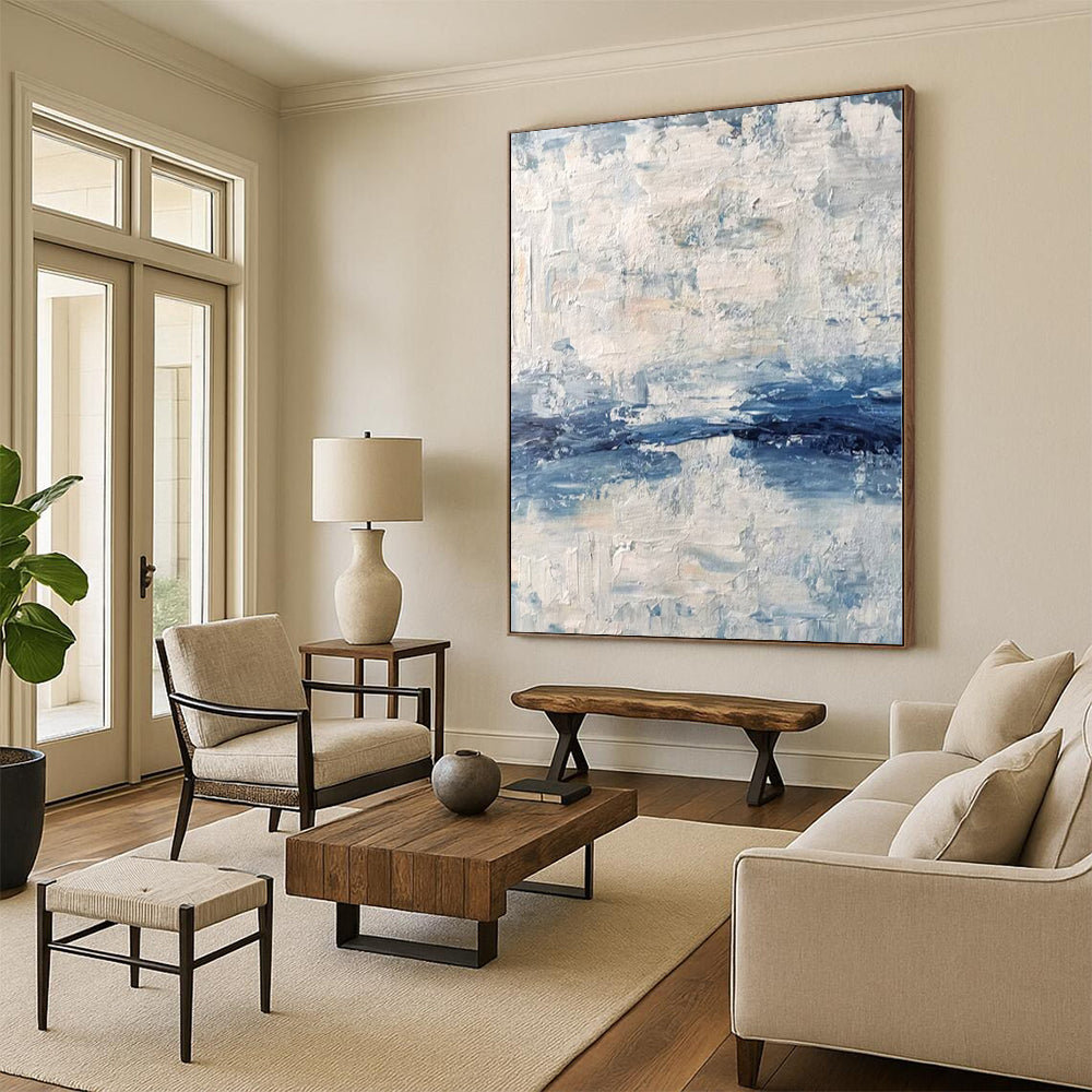 Hand Painted Art Blue and White Abstract Textured Seaside Painting For Sale HS093