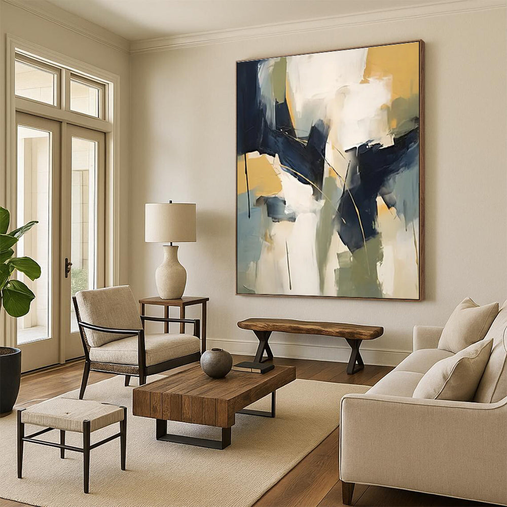 Hand-Painted Navy, Yellow & White Gestural Abstract, Acrylic Modern Art Painting HS230