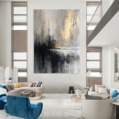 Gray, Black, and Gold Abstract Seaside Painting For Sale Online WS490