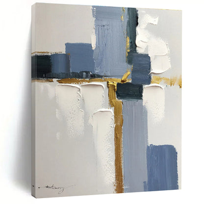 Modern Art Acrylic with Blue, Gray, White and Gold Colors, Abstract Geometric Theme HS472