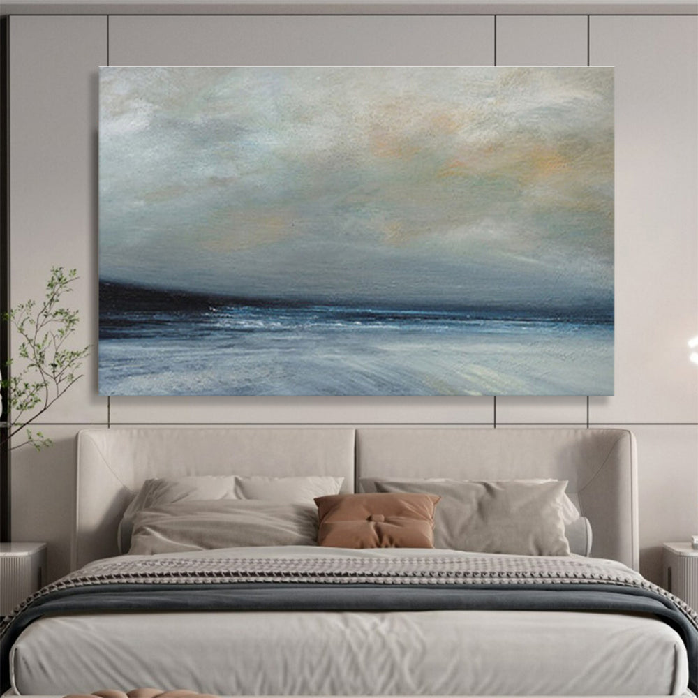 Horizontal Gray, Blue, and White Abstract Stormy Sea Scene, Abstract Oil Painting WB180