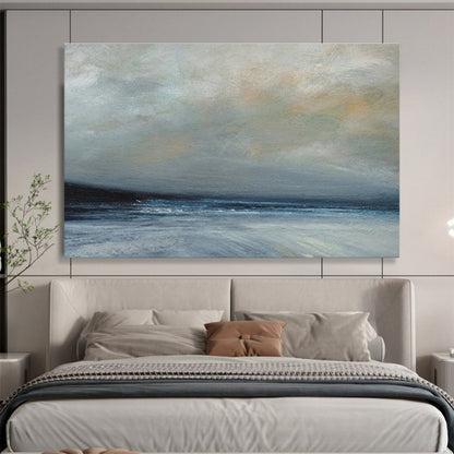 Horizontal Gray, Blue, and White Abstract Stormy Sea Scene, Abstract Oil Painting WB180