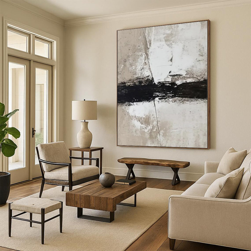 Hand-Painted Black, White, and Beige Minimalist Abstract Painting For Sale HS007