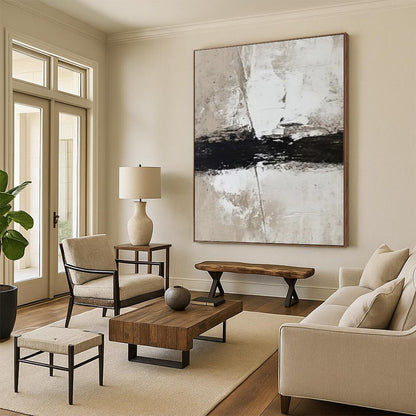 Hand-Painted Black, White, and Beige Minimalist Abstract Painting For Sale HS007