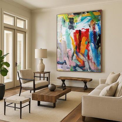 Unique Abstract Art Multicolor Gestural Abstract, Large Contemporary Wall Art HS456