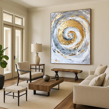 Large Contemporary Wall Art Gray, White, and Gold Abstract Spiral Painting For Sale HS138