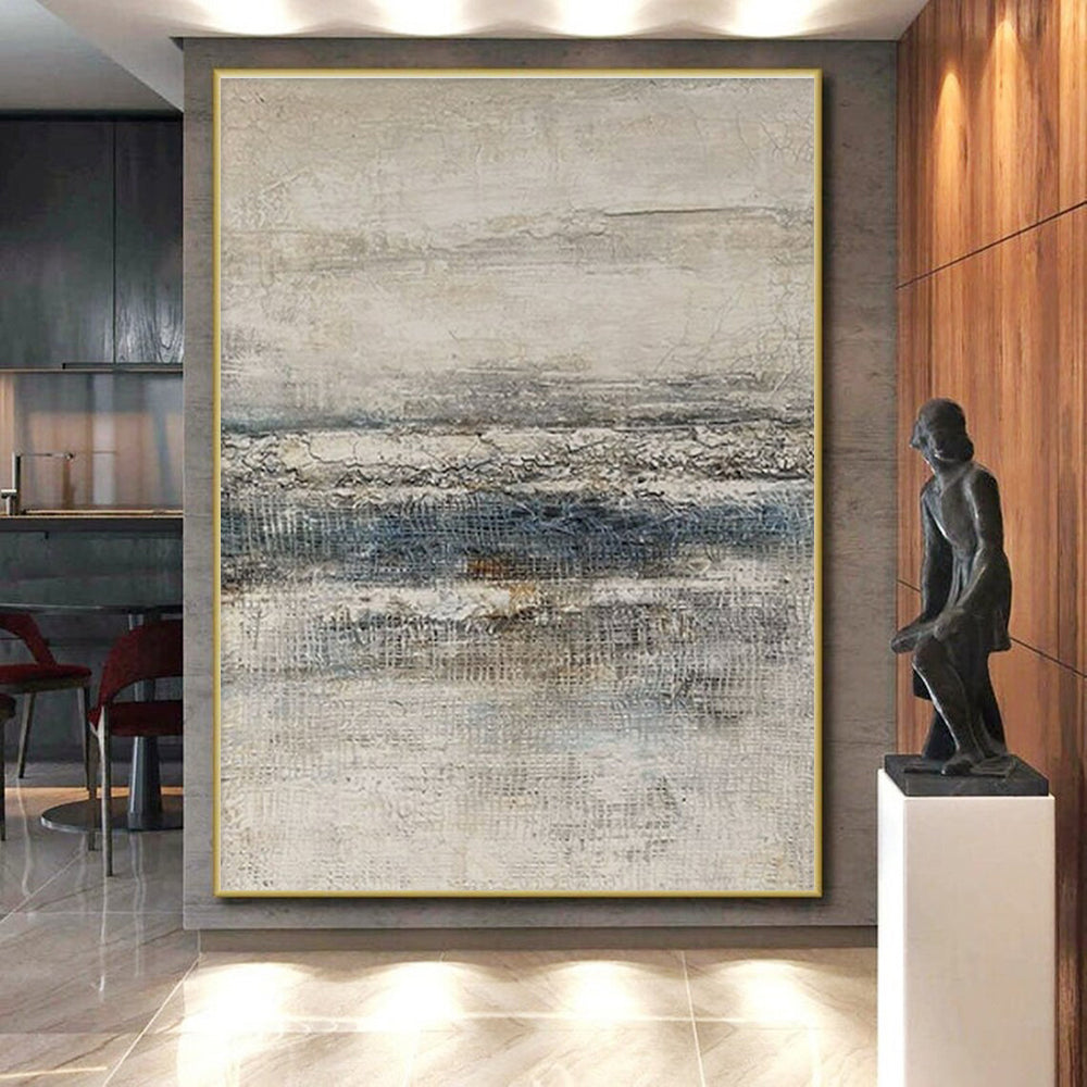 Hand Painted Art Beige, Gray, and Blue Textured Abstract Landscape HS627