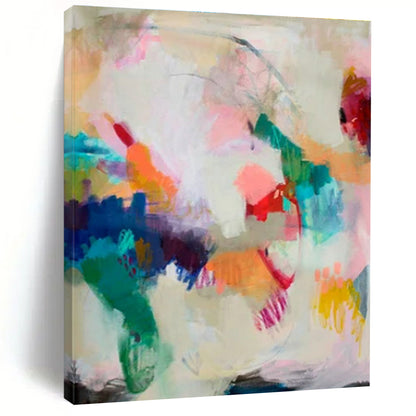 Hand Painted Art Colorful Abstract Acrylic Painting with Pink, Blue, Green, Yellow - Large Painting In Living Room HS516