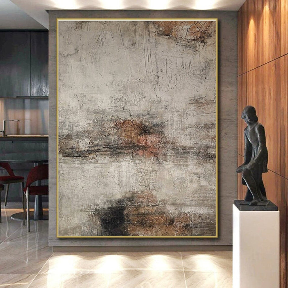 Large Painting In Living Room Gray, Brown, and Black Textured Abstract Art HS629