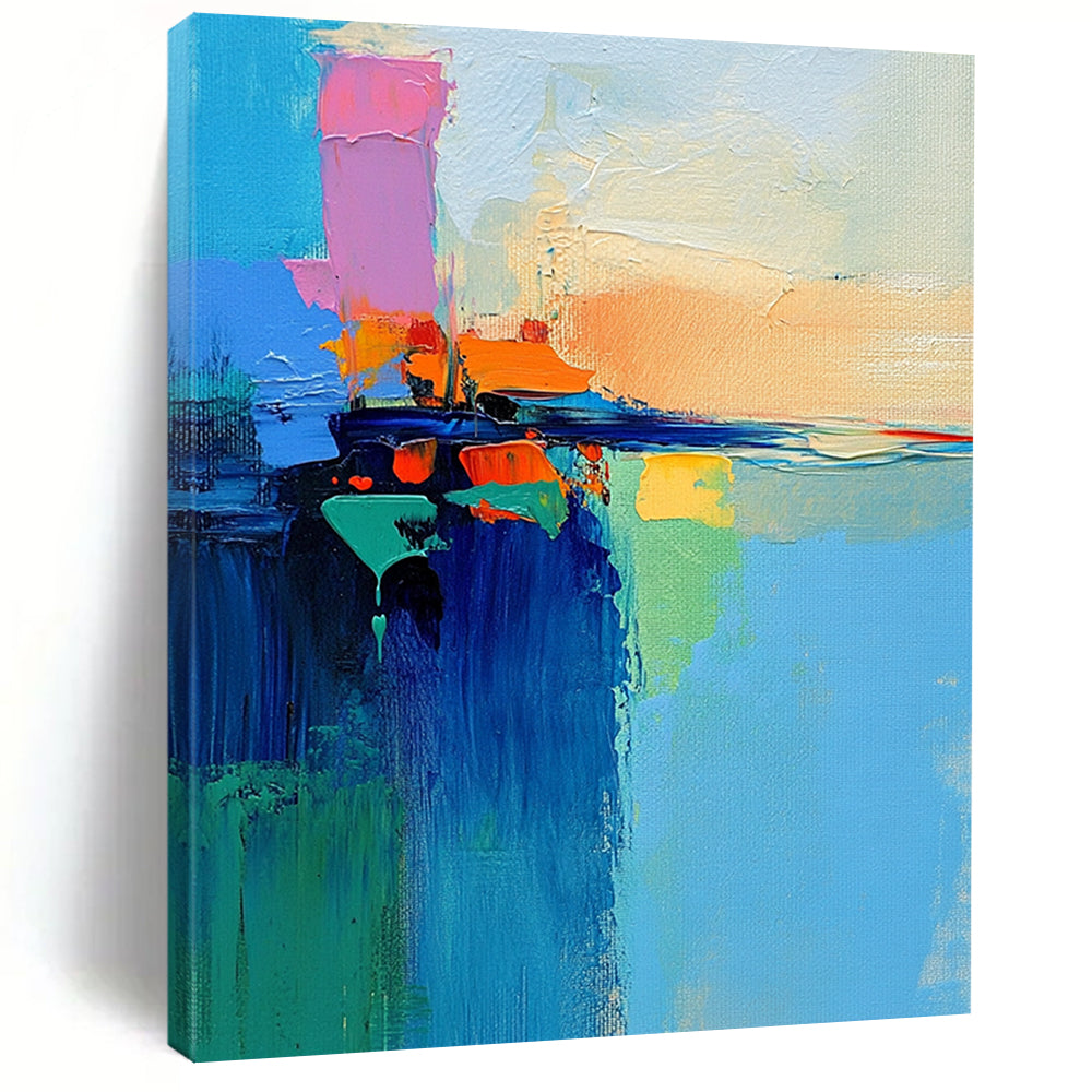 Hand-Painted Multicolor Abstract Seaside Painting For Sale HS122
