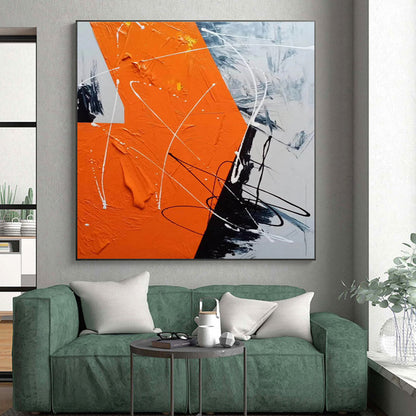 Oversized Abstract Wall Art Orange, Black & White Energetic Line Art HS409