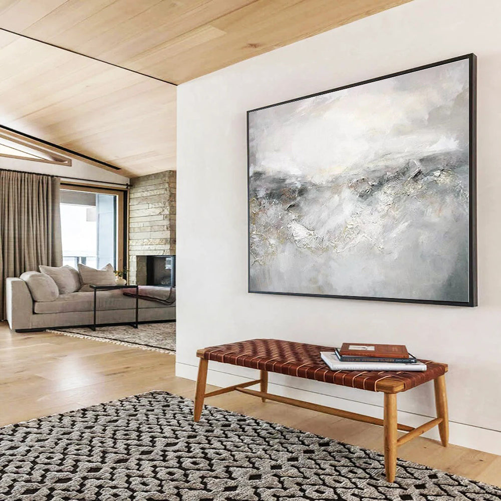 Huge Size Gray and White Abstract Misty Landscape Painting WB107