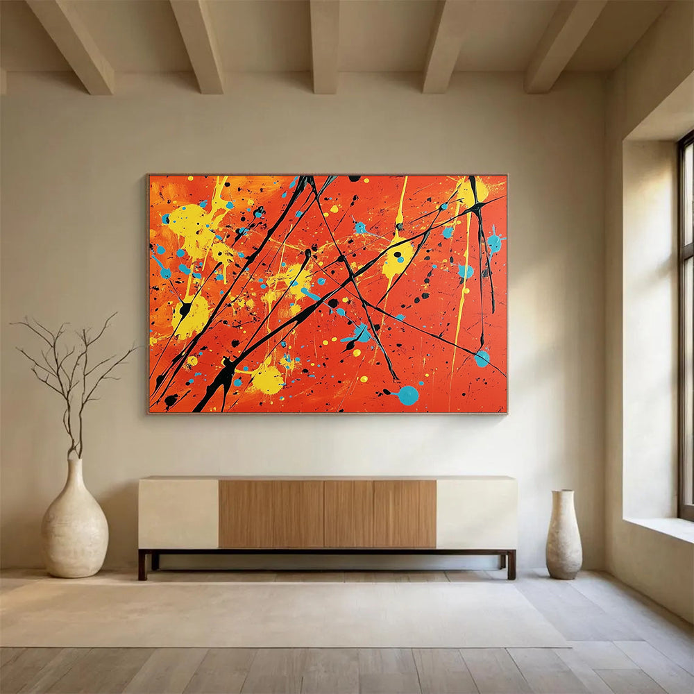 Big Size Orange, Yellow, Blue, and Black Splatter Abstract Art WB255
