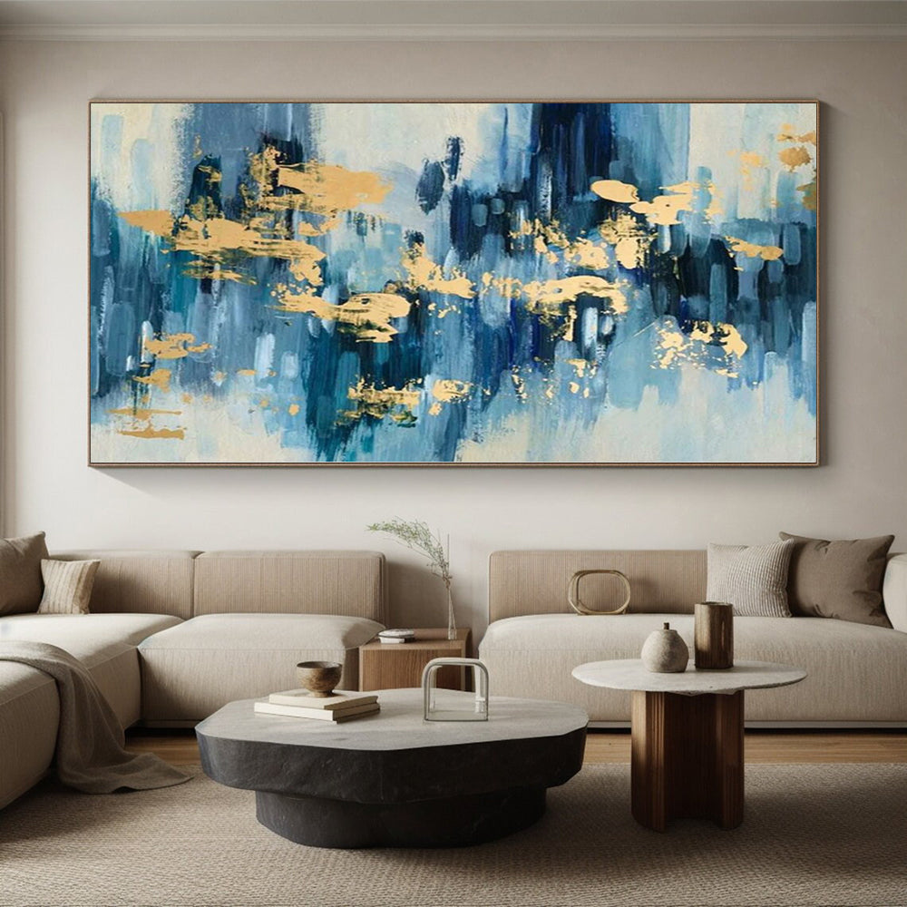 Hand-Painted Blue and Gold Abstract Water-like Textured Painting For Sale HS001