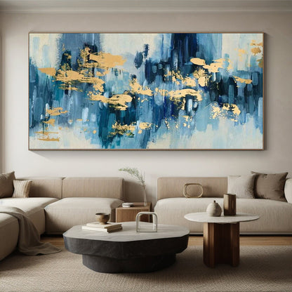 Hand-Painted Blue and Gold Abstract Water-like Textured Painting For Sale HS001